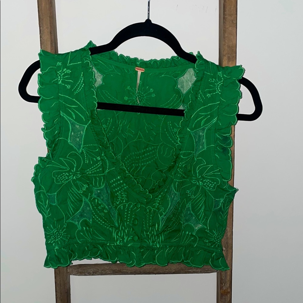 Free People Green Ruched Ruffled Cropped Tank Top Vest